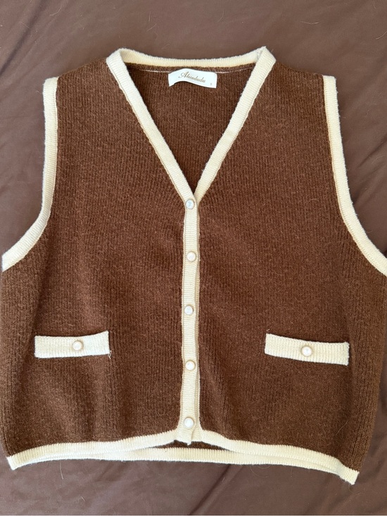 Sweaters - Brown Knit Sweater Vest with Cream Trim